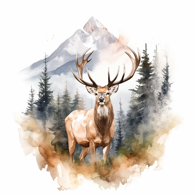 watercolor style, buck deer with the mountain forest in the back clipart, isolated on white background, hd