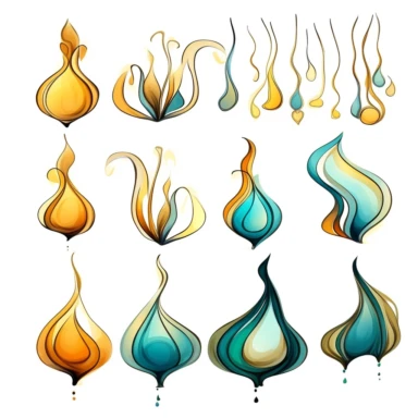 Alcohol ink cliparts, line art, teal and amber, muliple Art nouveau home house simple logo, flowing lines, strong contours, clear, no background