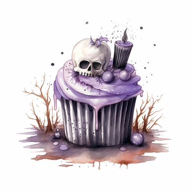 delicious halloween cupcake with grave stones , watercolour illustration clipart, extremely detailed, 4k, high quality, colour scheme black, silver and purple , isolated on white background