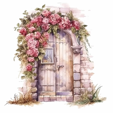watercolor style, vintage romantic floral door, clipart, isolated on white background, 4K,