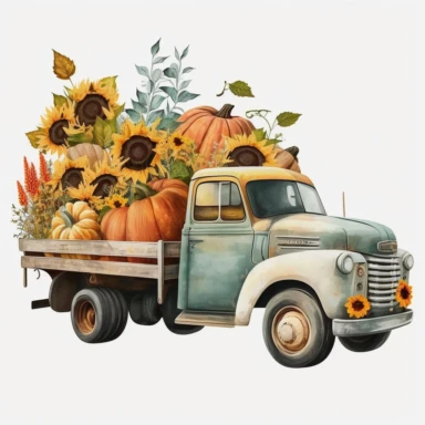 Vintage truck car loading halloween pumpkins, pumpkins and sunflowers, Sublimation Clipart, on a white background