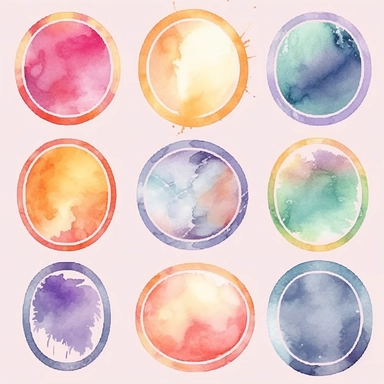 nine abstract watercolor background vector clipart, in different light pastel colors, oval frame, hazy romanticism, free brushwork