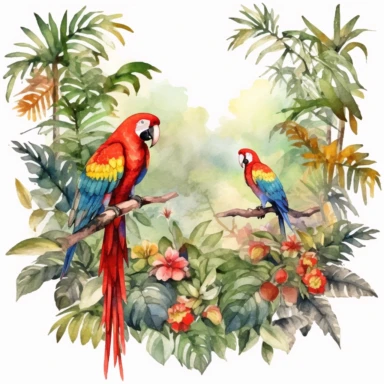 Create a clipart of a watercolor painting of a jungle scene with monkeys and parrots. No Background