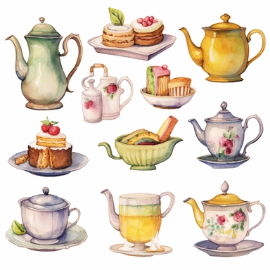 Watercolor vintage tea party items, illustrations clipart set, simple, soft colors, cartoon elements, different variants, teapot, sugar bowl, jug of milk, egg sandwich, stacked china plates, cake stand, china cup and saucer, ,napkin, , , knife,fork,jam, tea cups, stacked teacups, lemon dish, ,, tea jars ,knie, fork, spoon, butter, ,silver , napkin,separate elements with a margin
