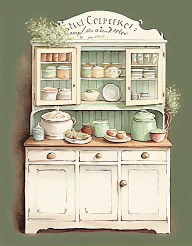 edwardian country kitchen cabinet, watercolor clipart, whitebakcground