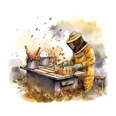 watercolor,An artistic representation of a beekeeper in full protective gear, using a smoker to calm the bees before inspecting the hive, with other beehives visible in the background. (Digital drawing clipart, image black border color, full body, flat texture, transparent background)