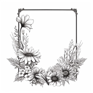 modern, minimalistic set of wildflowers in the shape of one giant L shape corner of the image frame, in the style of hand-drawing black and white on a clean white background, wedding clipart flowers