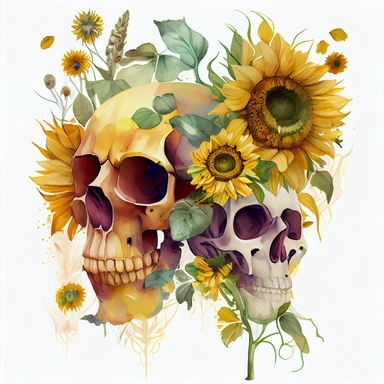 Skull with sunflowers ( Skull: divided into 2 parts along the vertical axis, half is sunflower, half is 1/2 skull), Watercolor Clipart, details