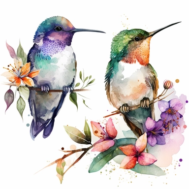 Watercolor Cute Couple humming bird Clipart ,White background