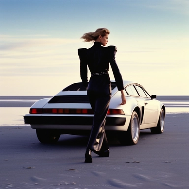 model walking away from 1980s white Porsche. Model is wearing 1980s black Thierry Mugler clothes, black stiletto pumps and hair like Linda Evangelista in Too Funky video clip. Model has red lipstick and holding a cigarette in one hand. The scene in by the beach at sunset. The car is on fire. To be shot similat to Steven Klein aesthetic