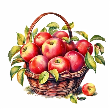 watercolor apple plant clipart, Depict a mature apples plant with ripe fruits ready for picking. Show baskets or bowls filled with plump apples alongside the plant , white background, realistic with high details, beautifully colored with strong palette pastel colors, 32k hd