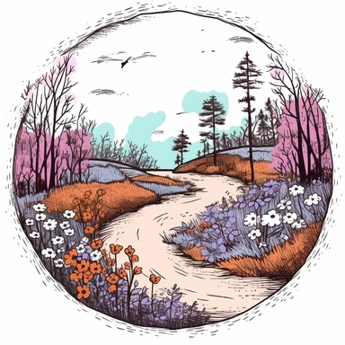 beautiful whimsical hand drawn illustration with ink outlines country road with flowers in the style of Natural Life and Anthropology, epic composition, pen and ink drawing, clipart, bright summer color palette, borders, oval composition on white background