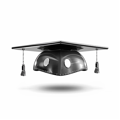 futuristic, sci-fi, high tech, black and white clip art, vector graphic, black graduation cap on a white background, clean illustration, high quality,