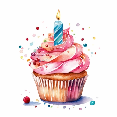 watercolor clipart, cupcakes with candle, white background