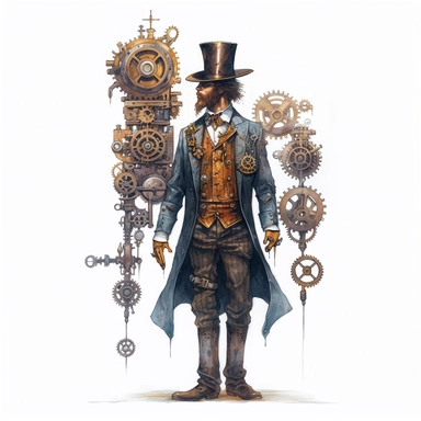 steampunk victorian prototype, full body, watercolor, gears, pinions, calipers, clocks, rivets, top hat, clipart, duo tone, realistic, ultra resolution, vivid detail, 8k, minimal watercolors, white background