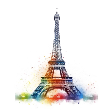 realistic and detailed eiffel tower with rainbow splash of watercolour in the background clipart on a white background