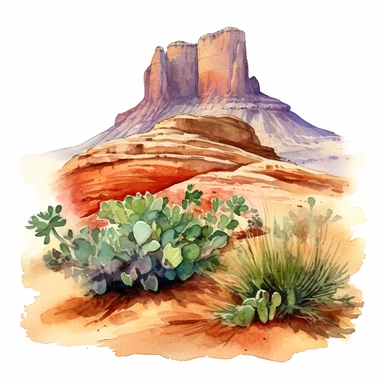 Hyperrealistic watercolor mesa and butte clipart in desert with some small shrubs in sight