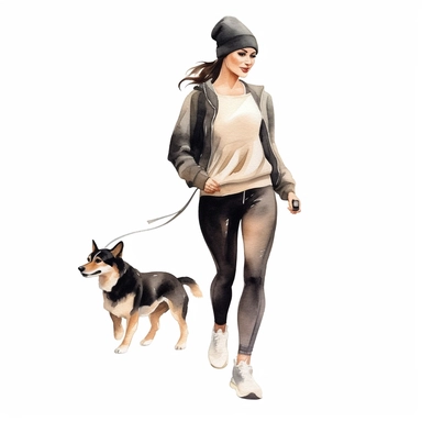 a watercolor sticker of an attractive woman in black workout croptop, legging and nike cap walking her dog confidently. Clipart. Neutral beige faded color palette. White background. Artistic illustration. Hand-drawn.