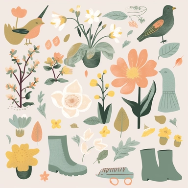 spring clipart pictures, illustrations, stamps, elements, in the style of muted colours, dotted, found objects, pigeoncore, cottagecore, animated gifs, paper cut-outs white space around objects, objects separated in the style of clip art