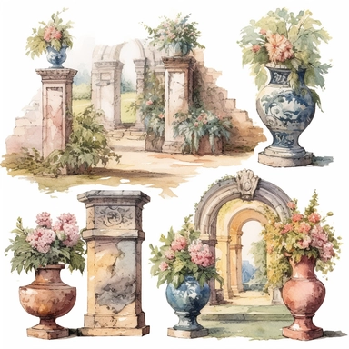 vintage 1700s watercolor heirloom garden type pics, clipart, Very antique gardenesque! classy, with negattive space, dreamy,