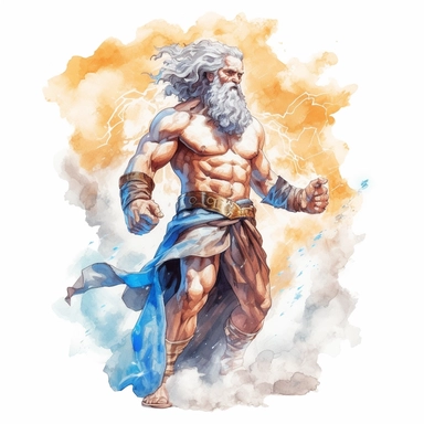 A watercolor clipart of mighty Zeus, portrayed in a dynamic and powerful stance, wielding a lightning bolt in one hand and a thundercloud in the other, emanating a sense of divine strength and authority