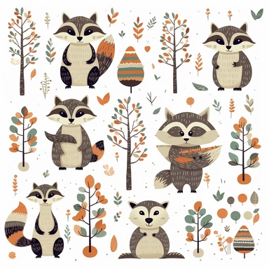 woodland raccoon set, woodland trees, cute boho style, white background, clipart, vector, 8k