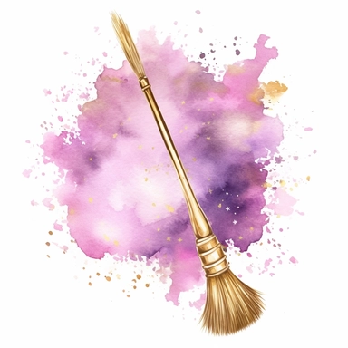 Broomstick, in the style of watercolor illustrations, pink and gold, soft lilac, magical and mystical, galaxy elements, modern minimal watercolor, on white background, clipart