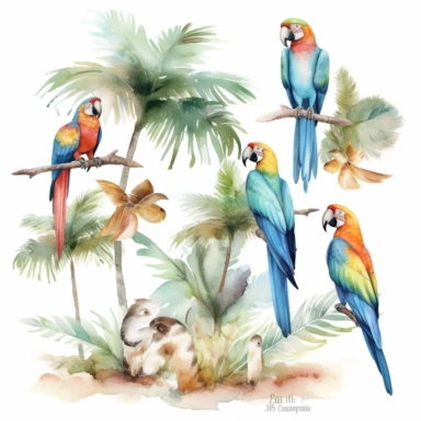 Tropical island beach clipart set isolated on white, watercolor, turquoise, parrots - - no photograph