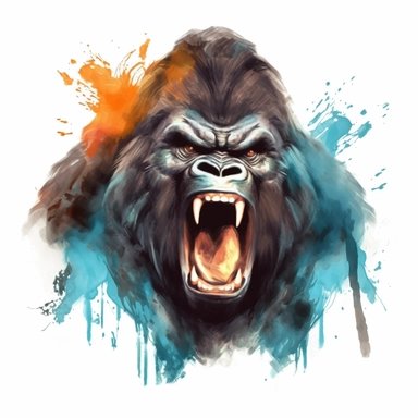 Angry Gorilla Watercolor Clipart: This clipart features an angry gorilla beating its chest. The gorilla's fur is a blend of Steel Teal and Ebony Clay, while its eyes and mouth are depicted in Cinnabar and Sunglow, showing its raw power and aggression.