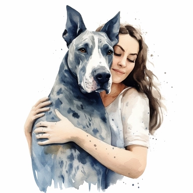high detailed, Hand drawn watercolor clipart of a cute Great Dane hugged by a woman, on a white background