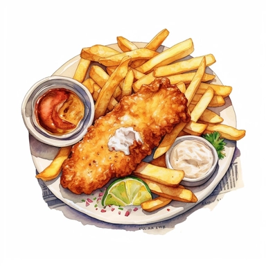 a delightful watercolor, hyper-realistic clipart image with a white background and white margins, showcasing a plate of crispy fish and chips. The ultra-detailed, hand-drawn elements capture the golden batter and tender fish. Use whimsical touches to add a sense of freshness, and bold shades of yellow and brown to evoke the comforting and satisfying nature of this classic fast food dish