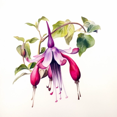 a watercolour painting of a fuchsia flower, in the style of uhd image, dansaekhwa, traditional, flourishing botanicals, exotic, white background, colorful, antique clipart, vibrant intense colors, photorealistic botanical satin drawing in the style of Pierre-Joseph Redoute