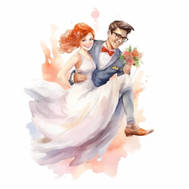cheerful GROOM, carrying his bride over the threshold, a symbol of their new life together, watercolor, Pixar style, Clipart on a white background
