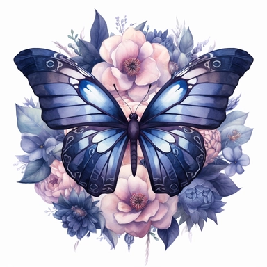 Beautiful clipart of a butterfly animal in flowers, in the style of artgerm, watercolor, animal motifs, Dark blue tones, amedee ozenfant, he jiaying, oshare kei