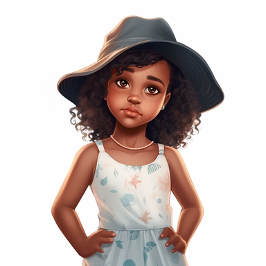 a drawing of a 7 year old little black girl wearing a baseball cap and tshirt, pretty summer sundress, black girl fantasy, cartoon illustrations, vector clipart, in the style of 32k uhd, lilia alvarado, walt disney, depictions of aristocracy, childlike, photorealistic details, white background