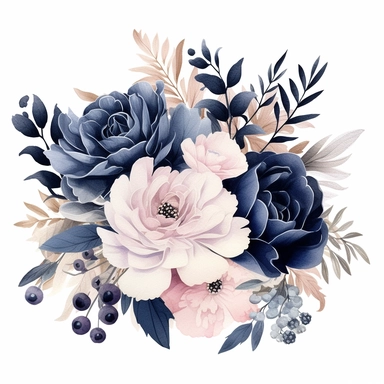 detailed painting of beautiful navy blue and blush pink flowers to be used for wedding clipart