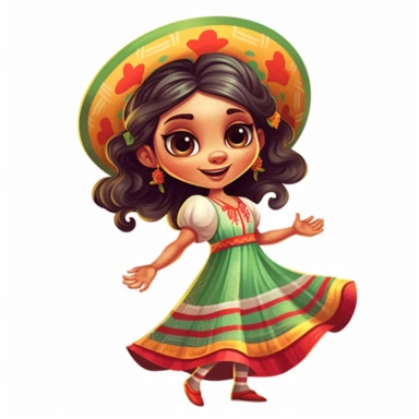 Beautiful mexican style girl, happy dancing, with beautiful eyes and beautiful smile, disney style, full body,on white background, big eyes, clipart, cartoon, inkley studio, smiling, outlines, with a beautiful typical Mexican dress green, white and red colors, typical mexican hat, she carries a flag of Mexico in her hand , charming anime characters Thomas Kinkade Nadja Baxter Anne Stokes Nancy Noel