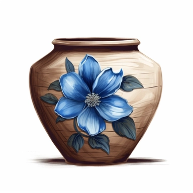 blue Flower inside a brown wood Pot Clipart in the style of oil painting, clean lines on a white background