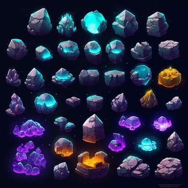 Large Glowing Geode Boulders, video game assets, isometric, top down, isolated figures, hand drawn, level art, atmospheric effects, spatial concept art, muralist, clipart, ps1 graphics, deconstructed objects, 2d, plain background