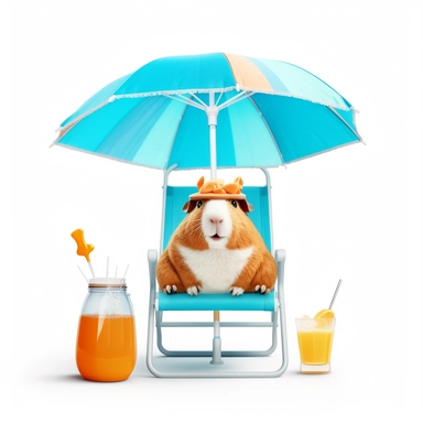 hyper-detailed clipart illustration of a happy Guinea Pig, sitting on a beach chair, wearing sunglasses and sipping a cold drink with a funny hat and a tiny paper umbrella, extreme close-up view, isolated on white background with margins, Studio Ghibli-style,