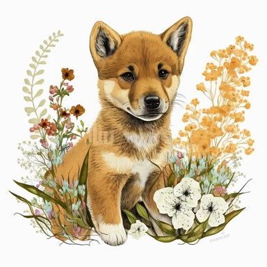 cute dingo, flowers, clipart, very detailed, white background