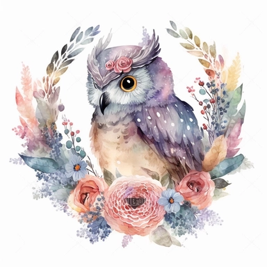 watercolor cute cartoon fantasy owl defined edges Floral Clipart pastel color white background