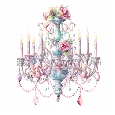 Make a clipart of a shabby chic, fairytale watercolor victorian chandelier, rococo, hd, white background