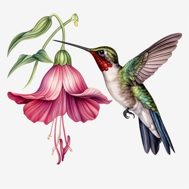 art style of cecily mary baker, watercolor, high quality, clipart, a humming bird eating from a fuchsia flower , white background, photorealistic, png, vector, no splatter,