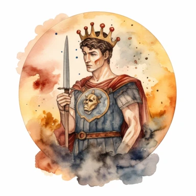 A watercolor clipart of Theseus, the Greek hero, depicted with a stoic expression, wearing a crown and holding a sword and shield, surrounded by scenes of heroism and honor, capturing his noble and kingly qualities