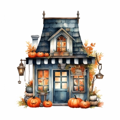watercolor cute vintage tiny Halloween shop with Halloween style decor clipart on white background, blue and orange color scheme, fall, tiny Halloween shop, photorealistic, ultrarealistic, no background, on white