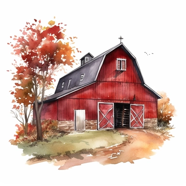 vector watercolor red barn in autumn clipart on white background, photorealistic, ultrarealisticno background, on white