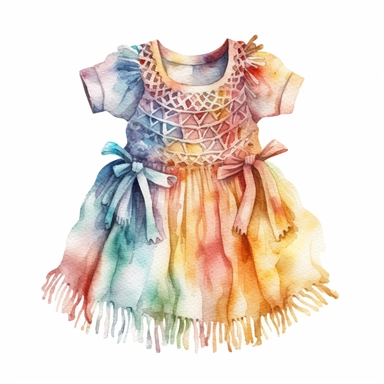 cute watercolor newborn boho Woven Macrame baby dress, isolated white background, babyshower clipart, 8k, soft multicolor boho colors