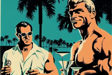 letraset clipart of handsome 40 year old men drinking a martini near a vintage, muscular man in palm springs at night, 1960's, happy, palm trees, mid century building, pool