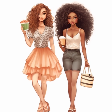 summer, african american best friends, long curly hair clipart girlfriends, full body, fashion, pretty face. holding Chanel purse, and one Starbucks coffee, illustration